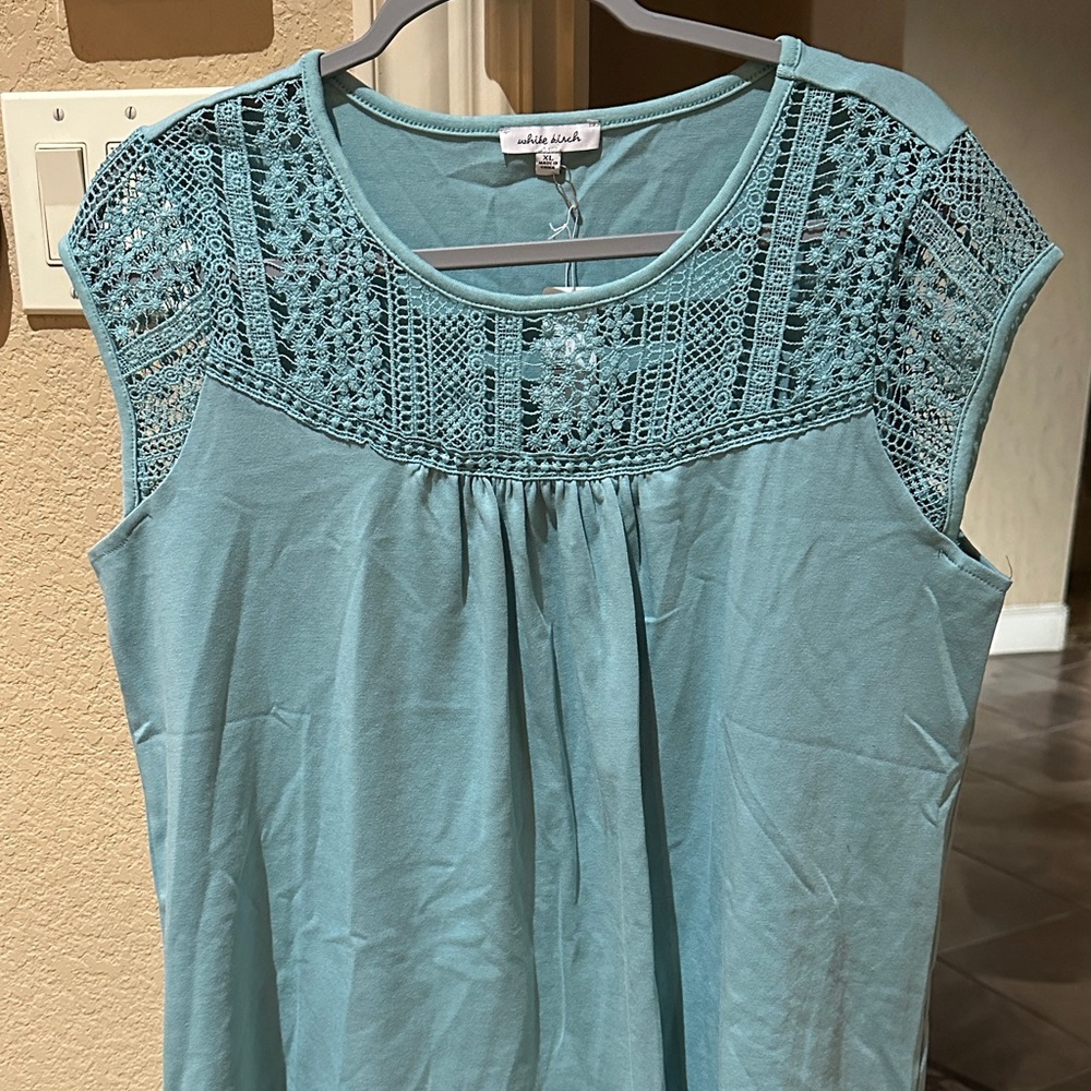 White Birch Teal Lace Blouse